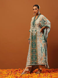 Rumah Chikankari Wanita Green Crepe Chikankari Sulam Kaftan Panjang