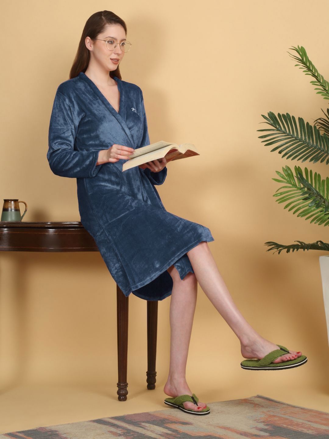 KLOTTHE Turquoise Blue Woollen Bath Robe With Belt
