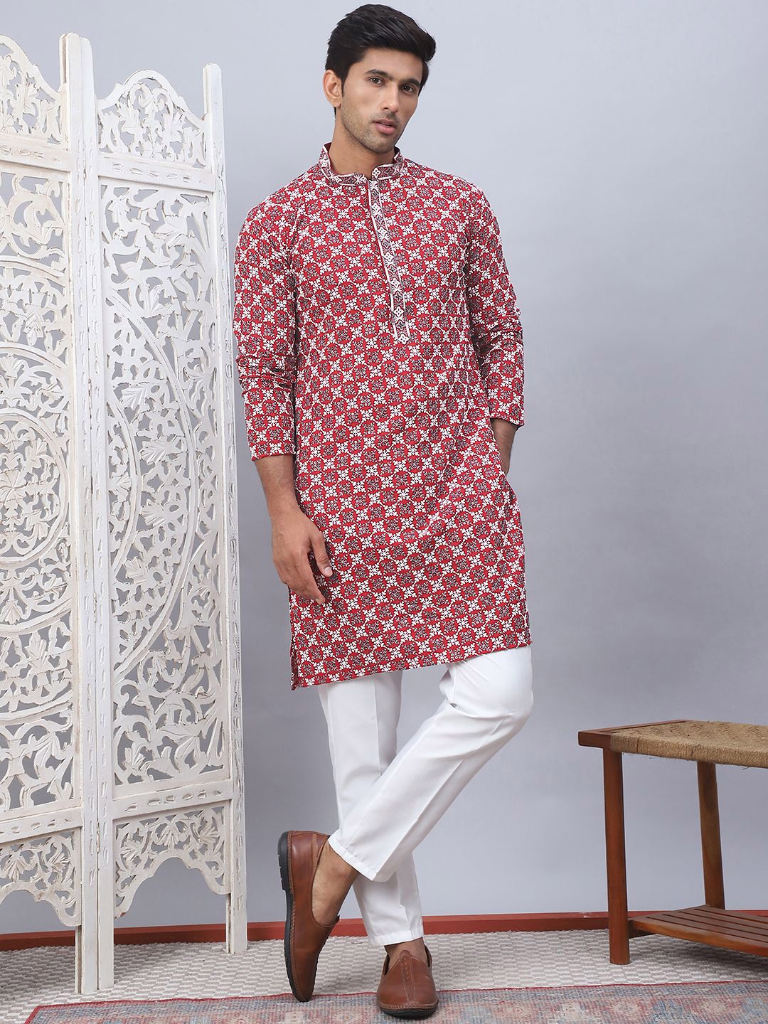 Jompers Floral Embroidered Thread Work Mandarin Collar Straight Kurta with Pyjamas
