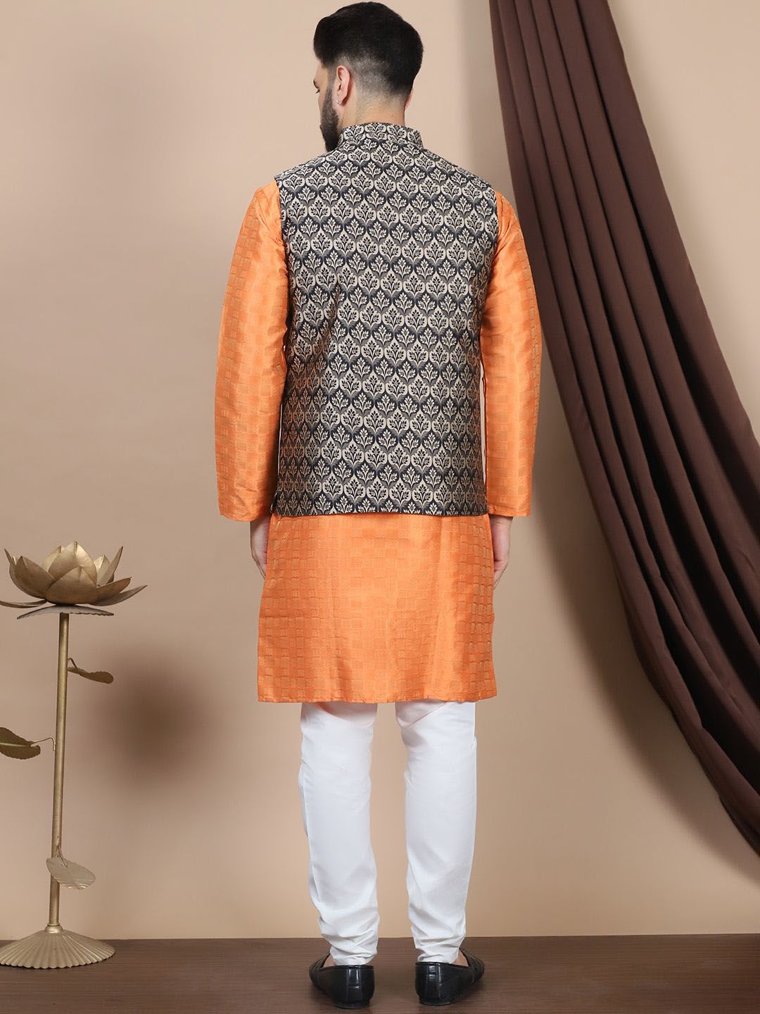 Anouk Geometric Woven Design Regular Straight Kurta With Churidar & Nehru Jacket