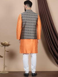 Anouk Geometric Woven Design Regular Straight Kurta With Churidar & Nehru Jacket