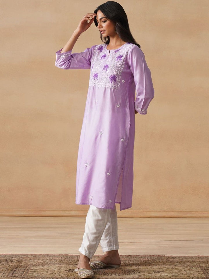 House of Chikankari Women Solid Lavender Cotton Kurta