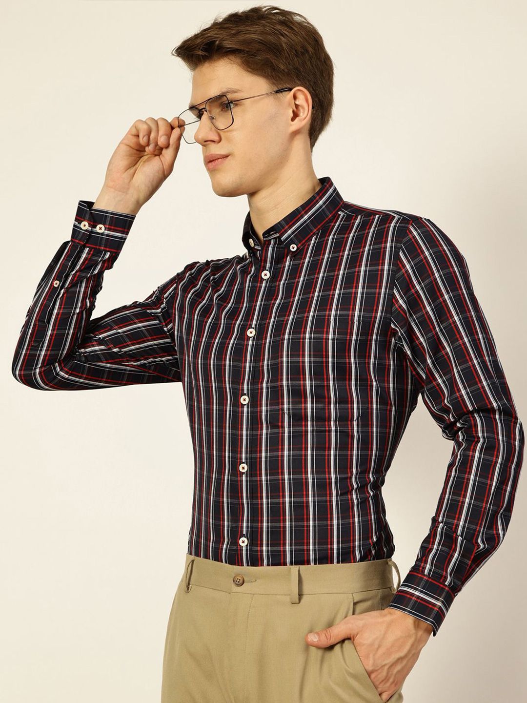 Thomas Scott Men Smart Button-Down Collar Tartan Checked Cotton Formal Shirt