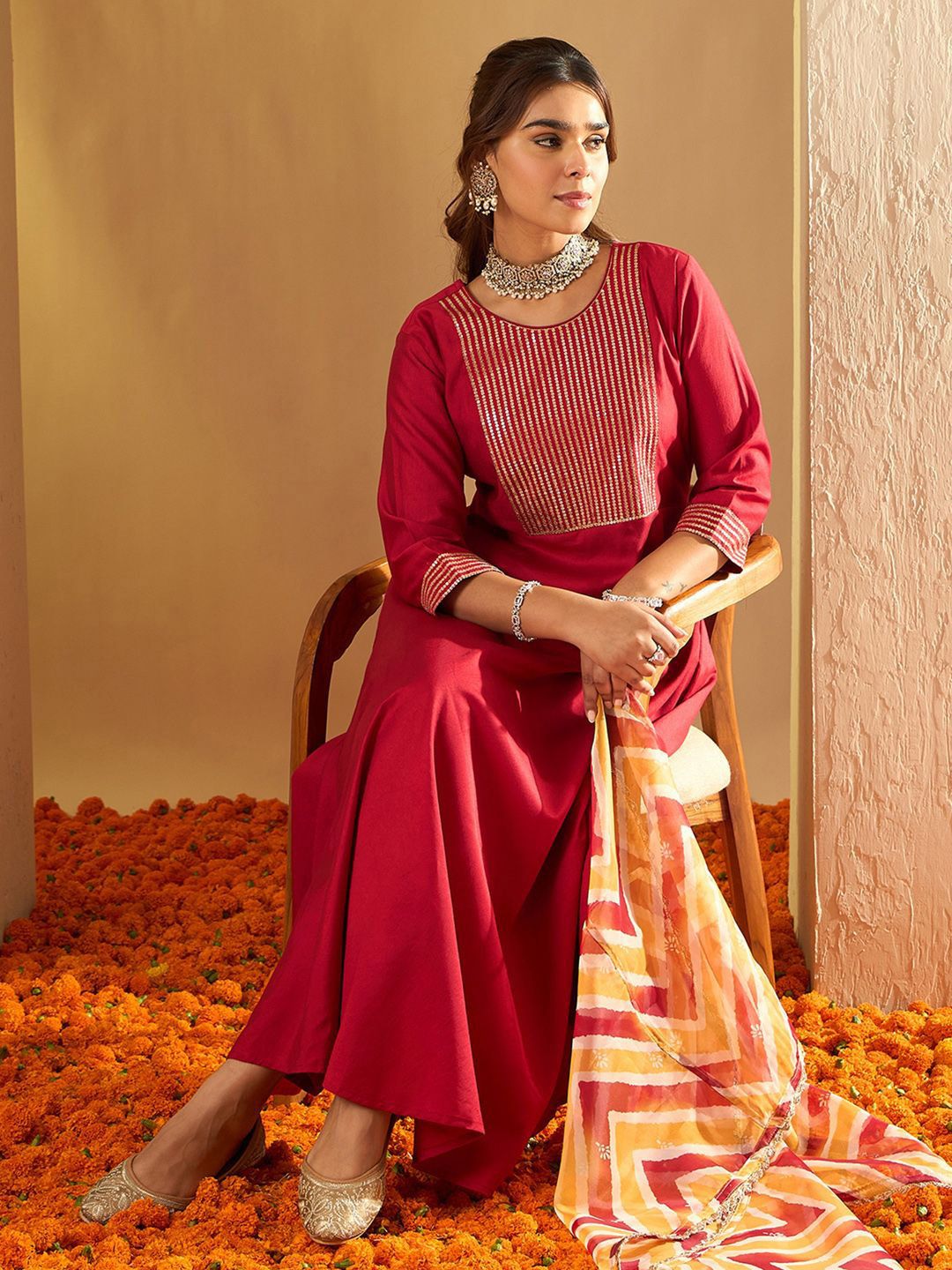 Indo Era Chevron Embroidered Sequinned Liva A-Line Kurta With Trousers & With Dupatta