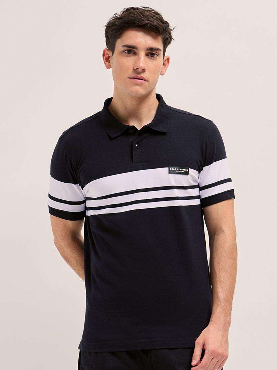THE BEAR HOUSE Men Striped Polo Collar Cotton T-shirt