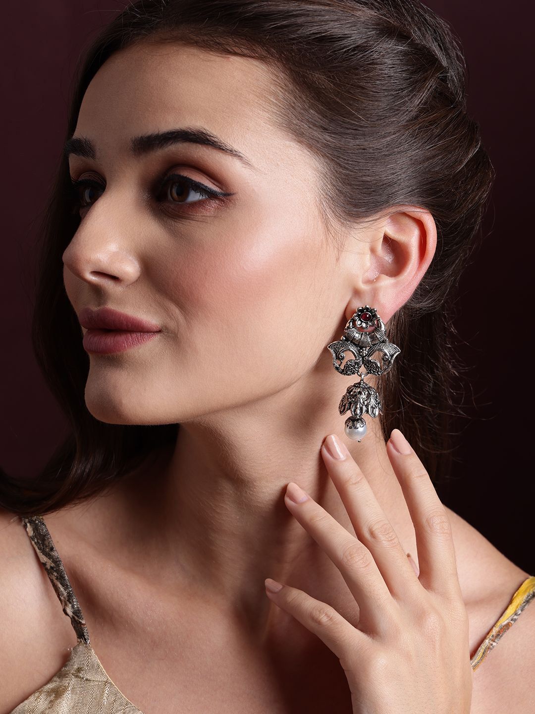 PANASH Silver Plated Cubic Zirconia Studted Peacock Shaped Drop Earrings