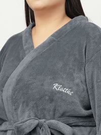 KLOTTHE Plus Size Grey Woollen Long Sleeves Bath Robe With Belt
