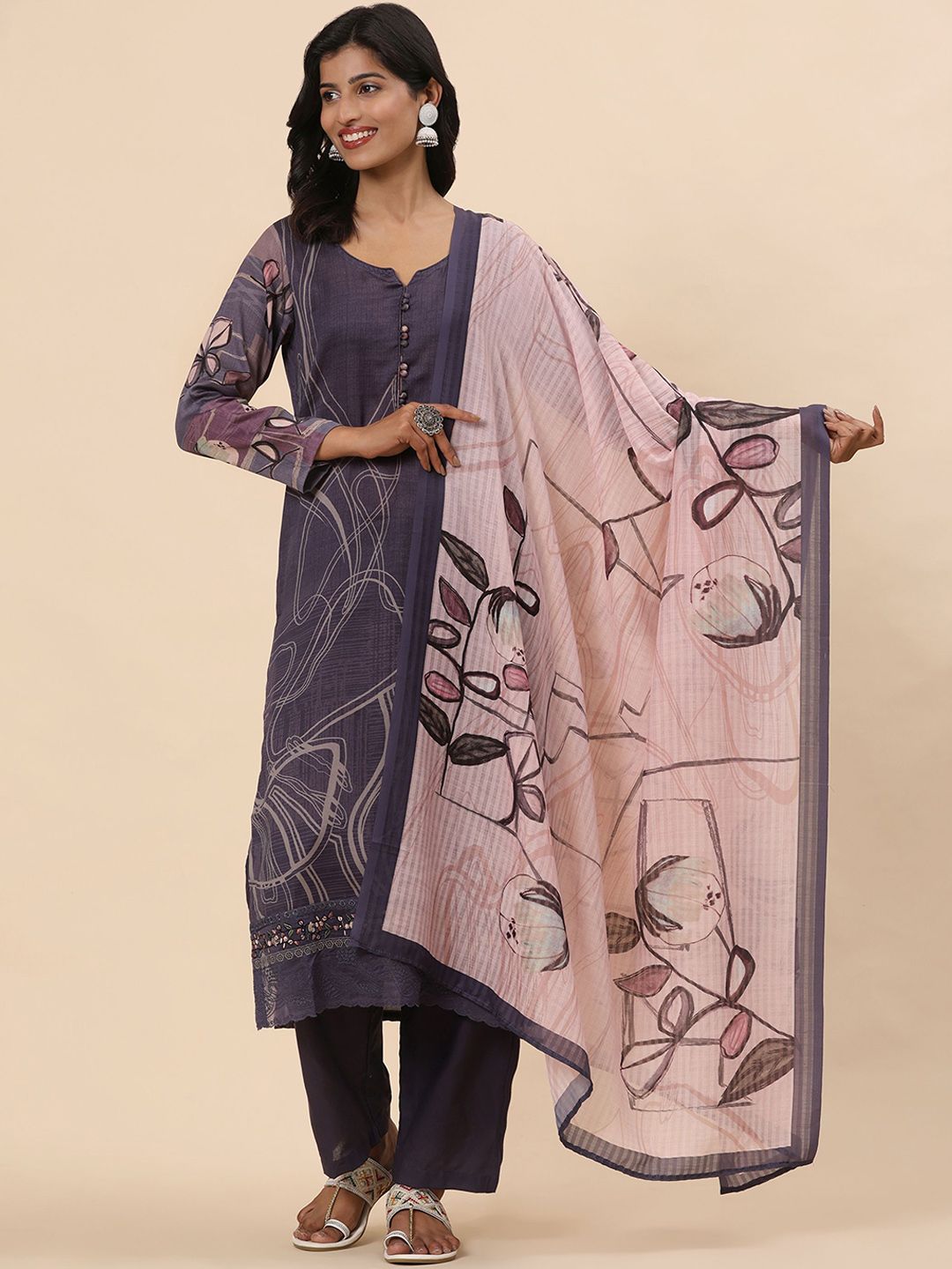 Mamicha Women Printed Regular Pure Cotton Kurta with Trousers & With Dupatta