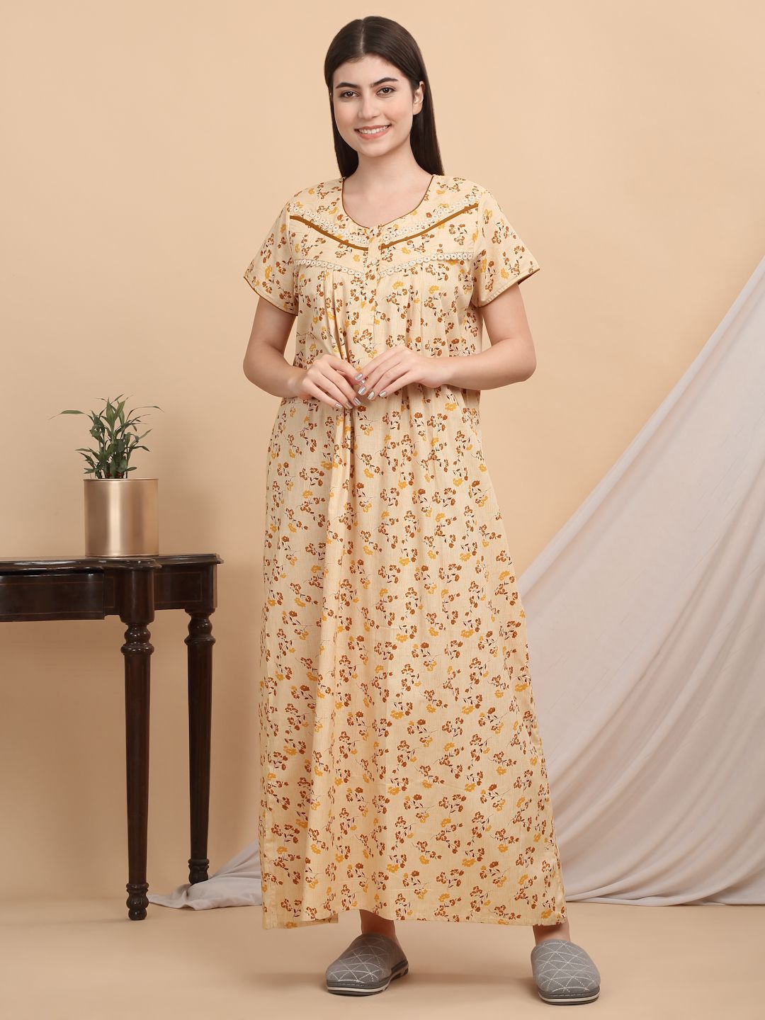 Sweet Dreams Women Printed Short Sleeves Maxi Nightdress