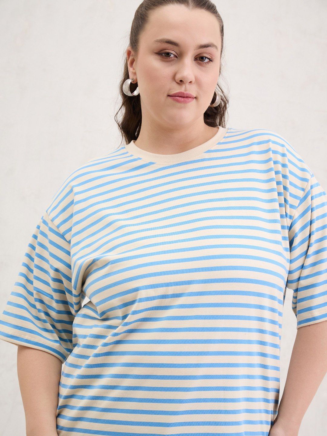SASSAFRAS Curve Women Plus Size Striped Round Neck Relaxed Fit T-shirt