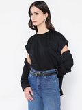 Rareism Wanita Pepejal Leher Kapas T-Shirt Santai