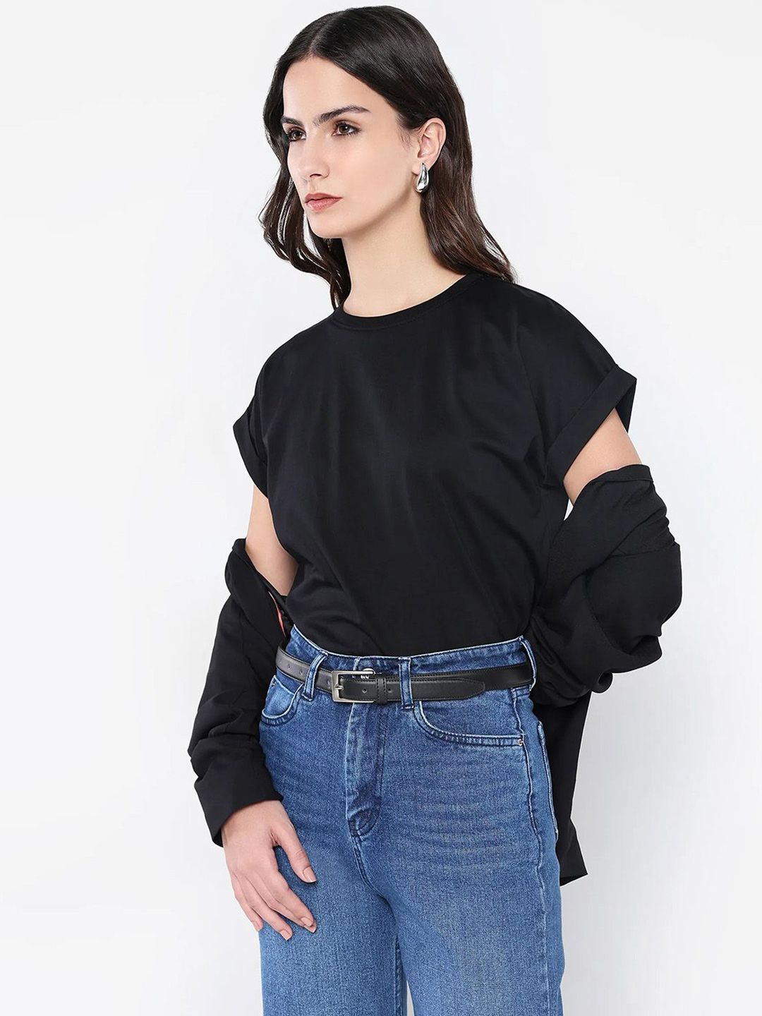 Rareism Wanita Pepejal Leher Kapas T-Shirt Santai