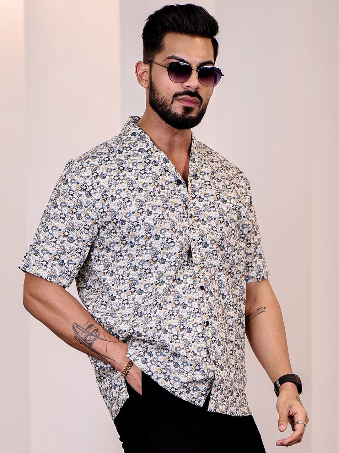 Eszett Floral Printed Cuban CollarS hirt