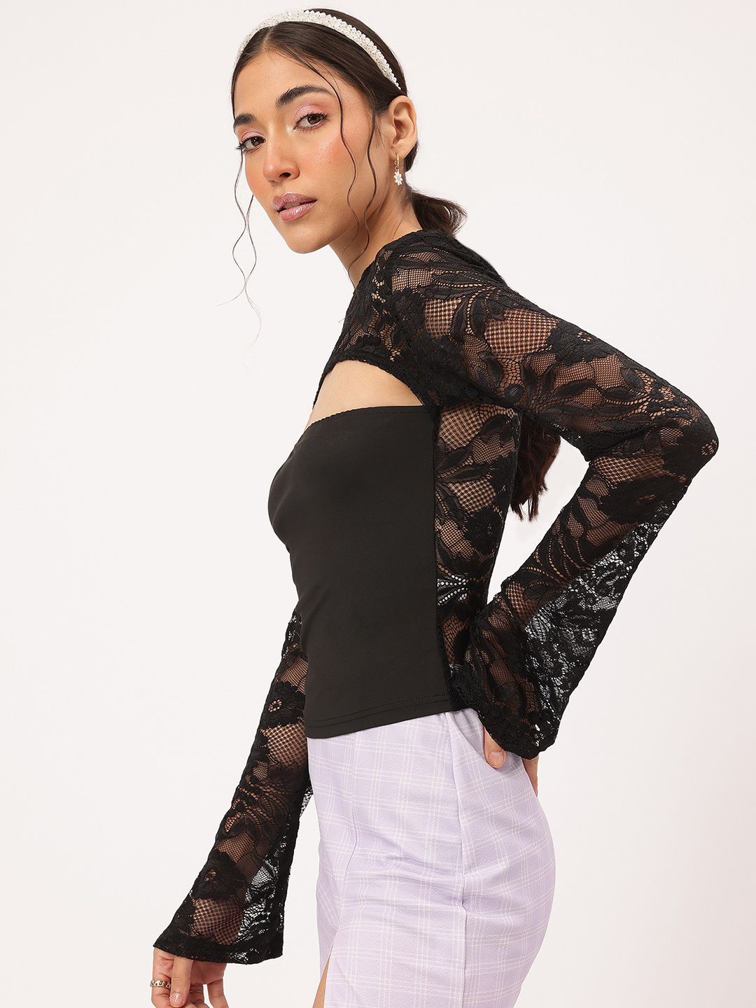 DressBerry Chic Channel Cut-Out Detail Lace-Detail Top