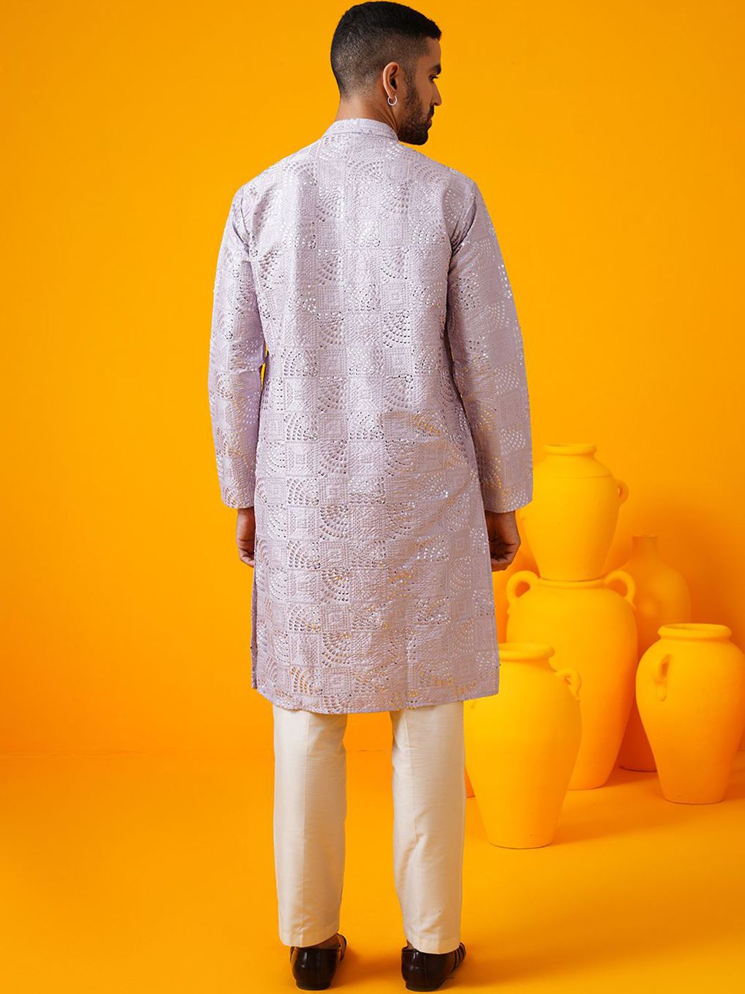 SOJANYA LUXE Geometrik Sulam Kolar Mandarin Benang Kerja Kurta Lurus