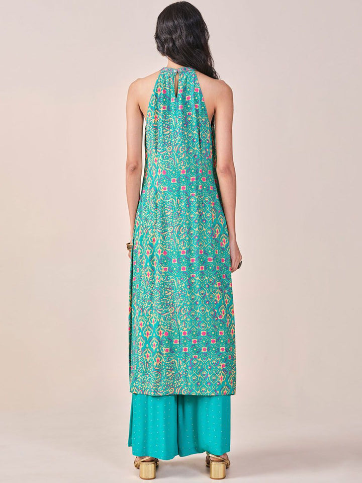 Global Desi Ethnic Motifs Printed Halter Neck Kurta with Palazzos