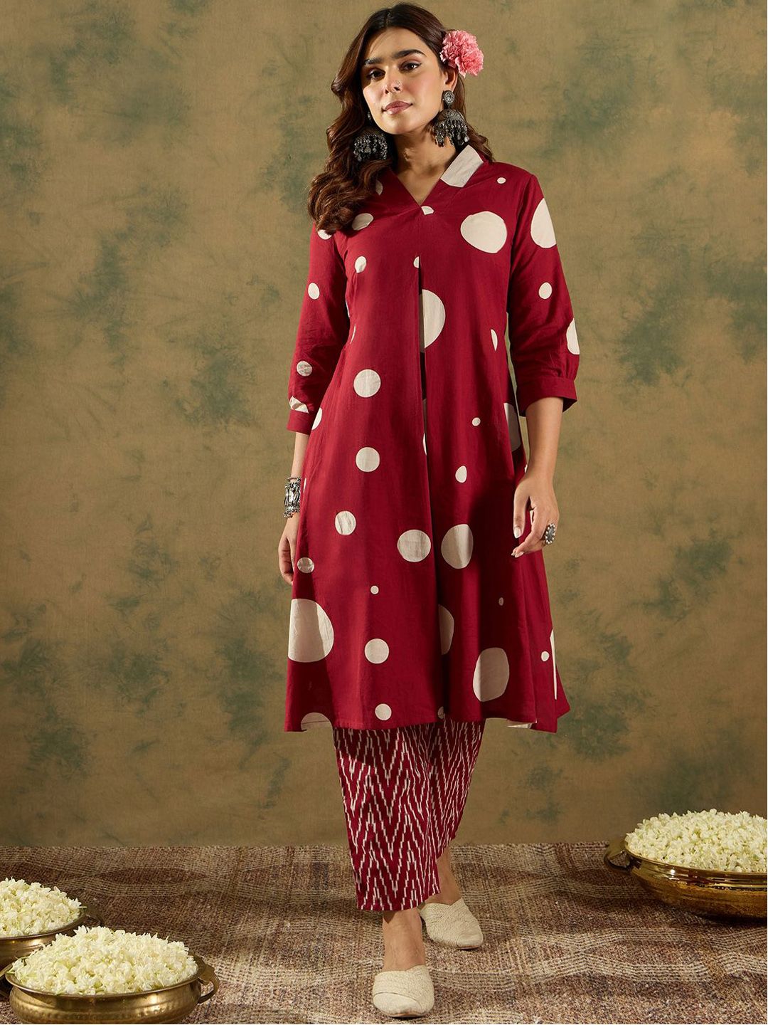 Indo Era V-Neck Printed Pleated Pure Cotton A-Line Kurta with Trousers