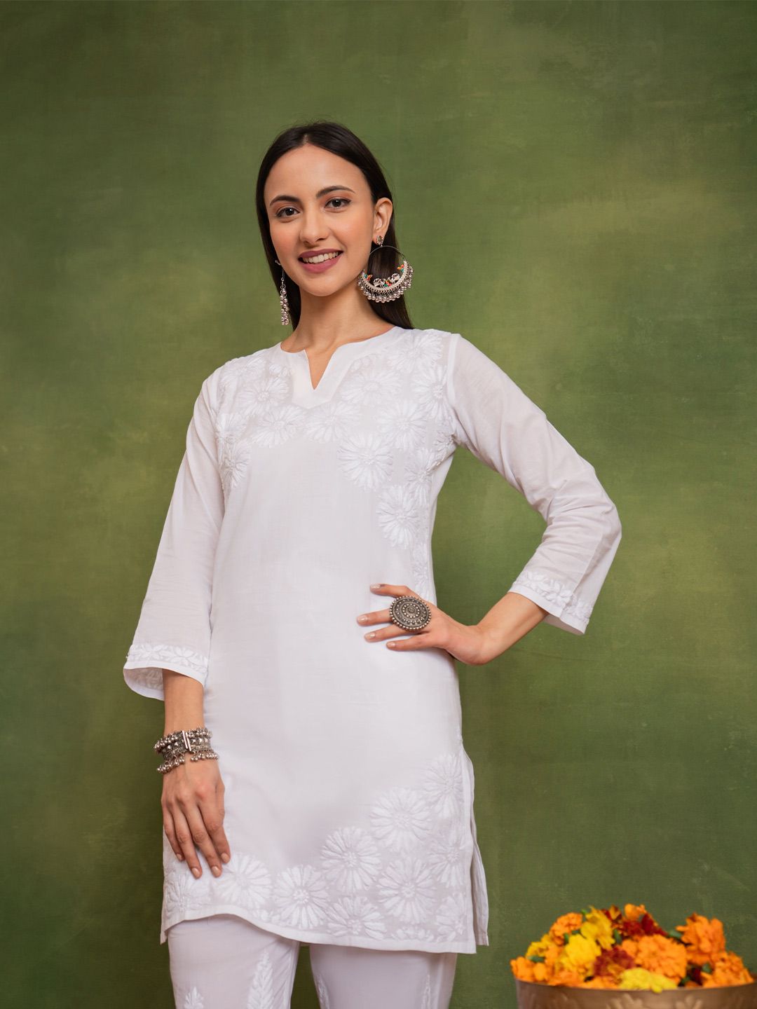 HOUSE OF KARI Floral Embroidered Cotton Chikankari A-Line Short Kurta