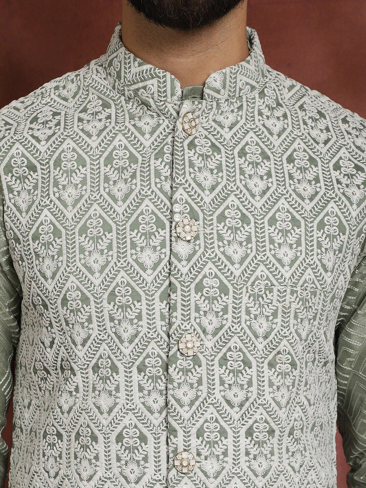 Anouk Floral Woven Design Mandarin Collar Long Sleeves Kurta with Churidar Nehru Jacket
