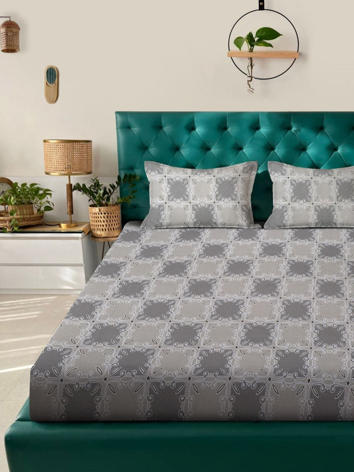 Myntra Elegant Homes Grey Ethnic Motifs 400 TC King Bedsheet with 2 Pillow Covers