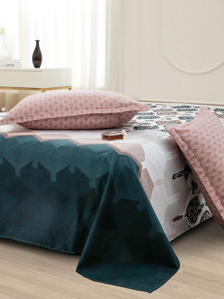 Story@home White Ethnic Printed 240 TC Satin Finish Queen Bedsheet Set