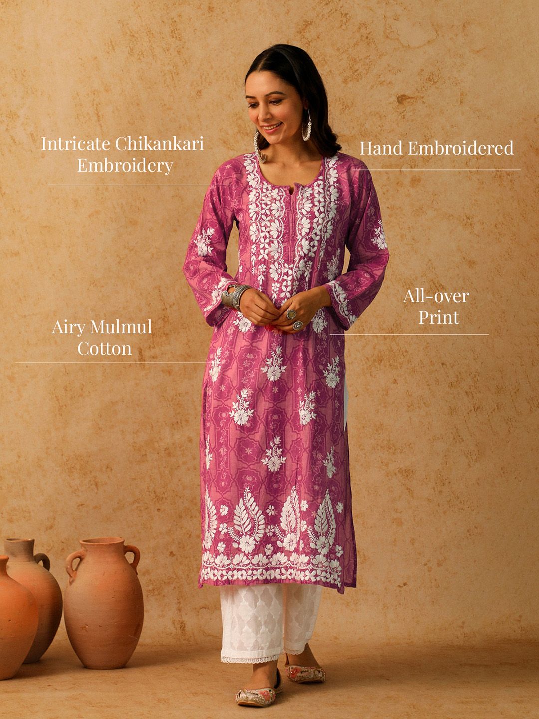 Rumah Wanita Chikankari Pink Mulmul Chikankari Sulam Kurta