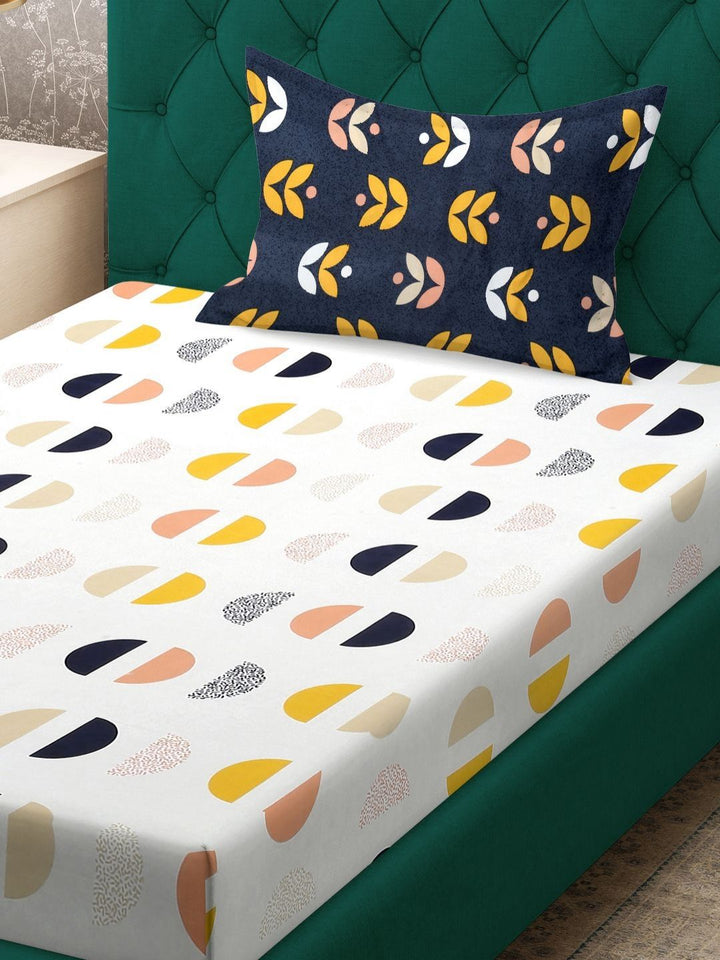 Myntra Elegant Homes White Geometric Polycotton 300 TC Single Cadar Halus dengan Sarung Bantal-89 x 59 inci