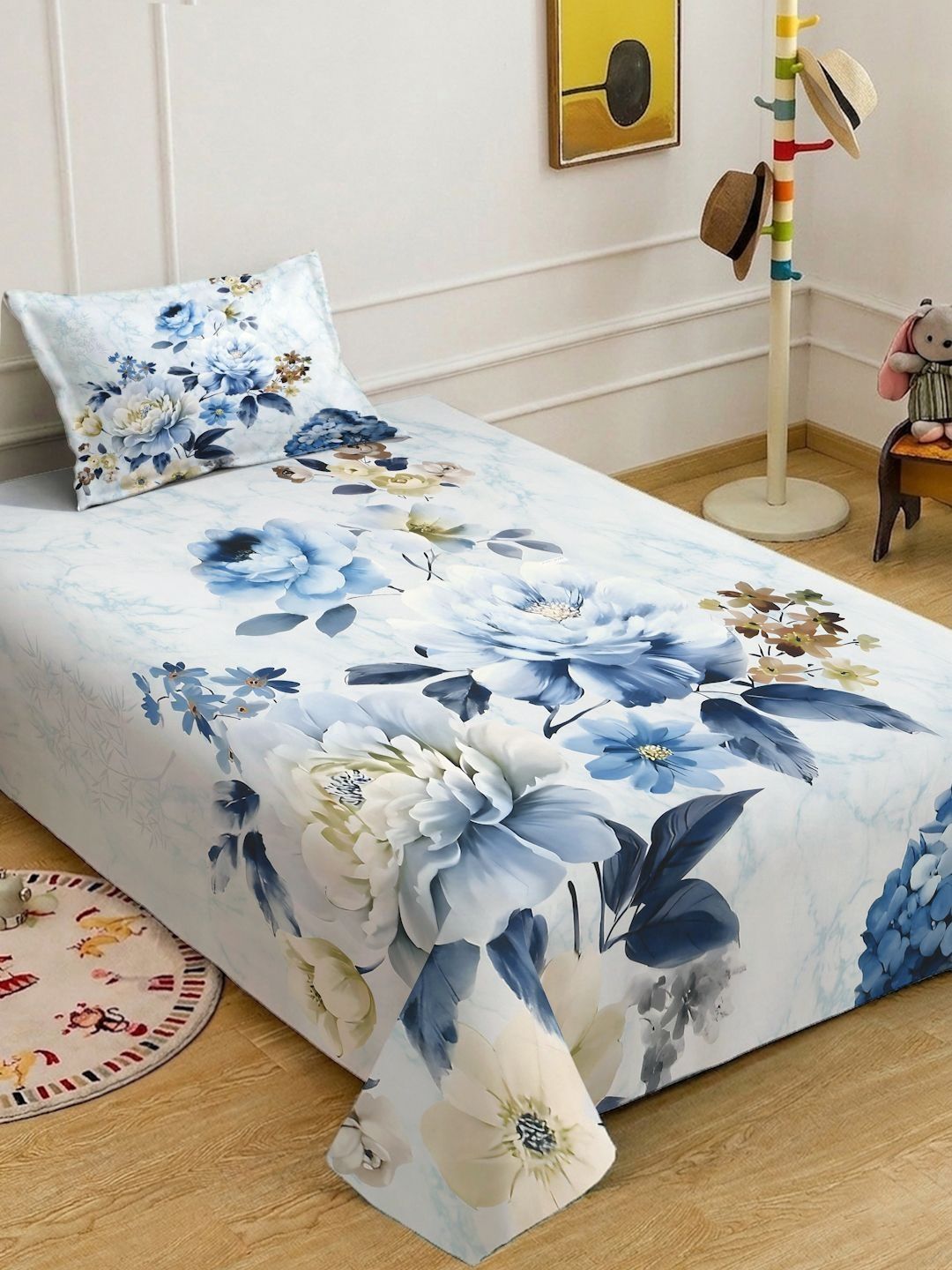 KLOTTHE Blue & White Floral Flat 400 TC Single 7D Bedsheet with 1 Pillow Covers