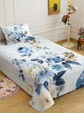 KLOTTHE Blue & White Floral Flat 400 TC Single 7D Bedsheet with 1 Pillow Covers