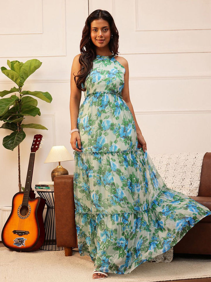 QUIERO Print Halter Neck Chiffon Fit & Flare Women Maxi Dress