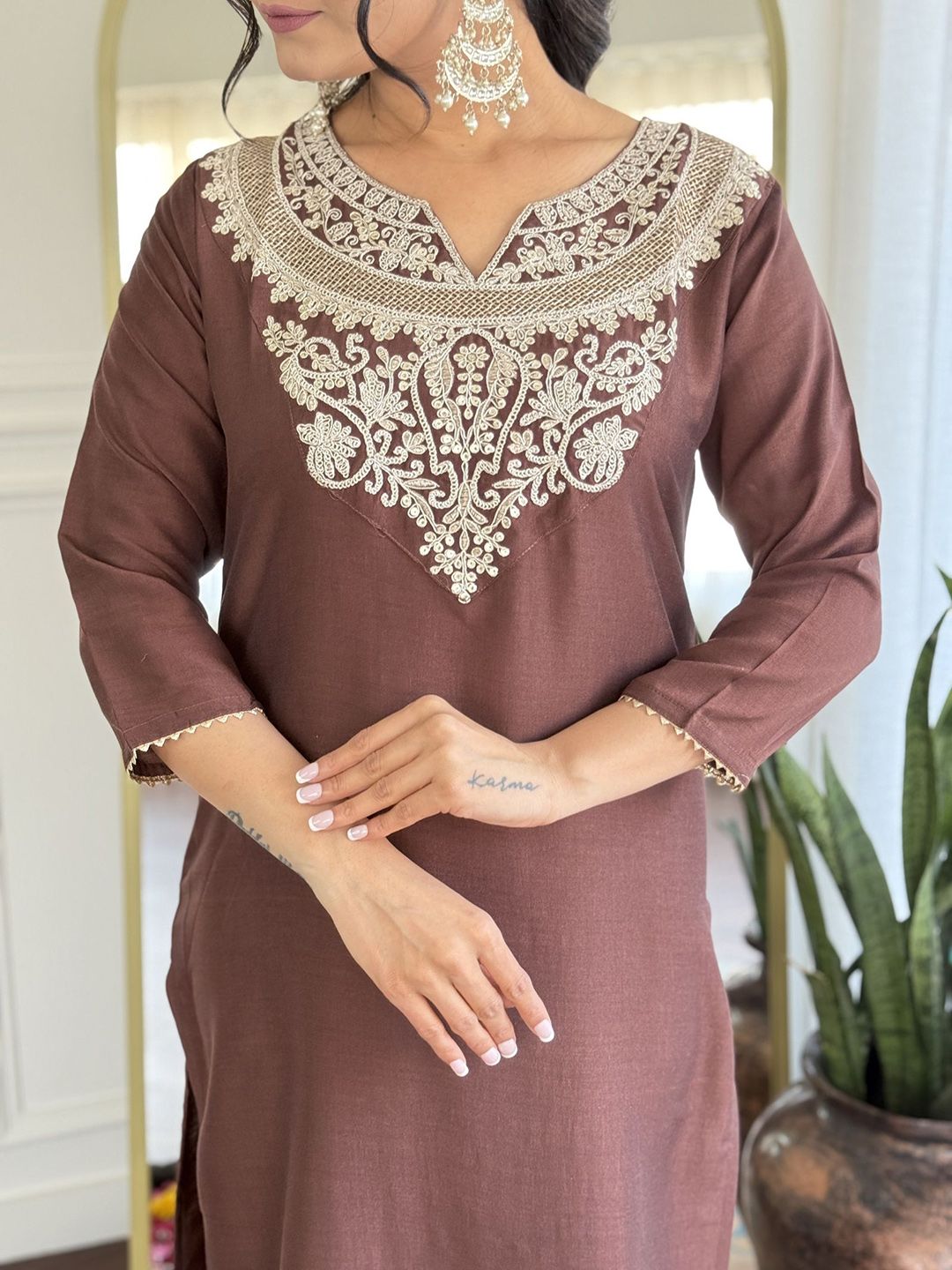 KALINI Yoke Design Sequunied Notch Neck Pure Silk Straight Kurta With Trousers & Dupatta