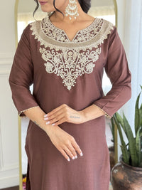 KALINI Yoke Design Sequunied Notch Neck Pure Silk Straight Kurta With Trousers & Dupatta
