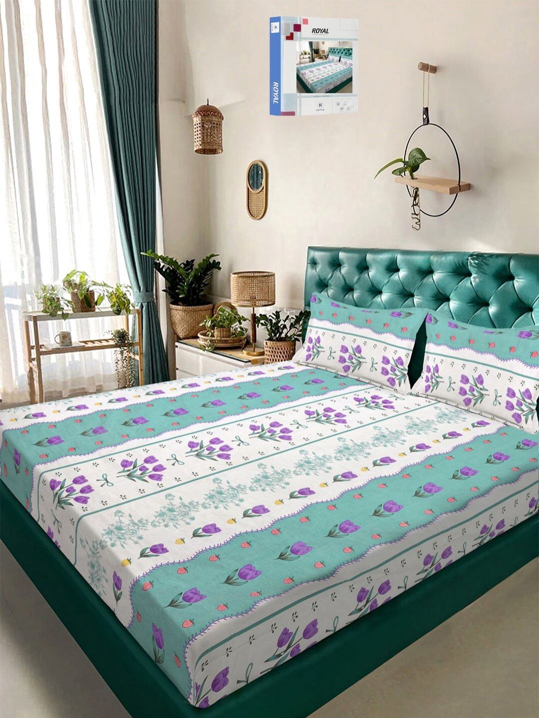 KLOTTHE Green Floral Polycotton 300 TC King Fine Bedsheet with 2 Pillow Covers-98 x 89 inches