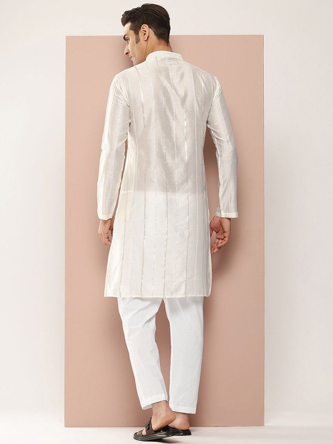 See Designs Mandarin Collar Striped Embroidered Sequinned Chanderi Silk Straight Kurta