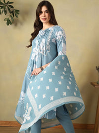 Mamicha Women Floral Printed Pleated Thread Work Pure Cotton Kurta with Trousers & With Dupatta