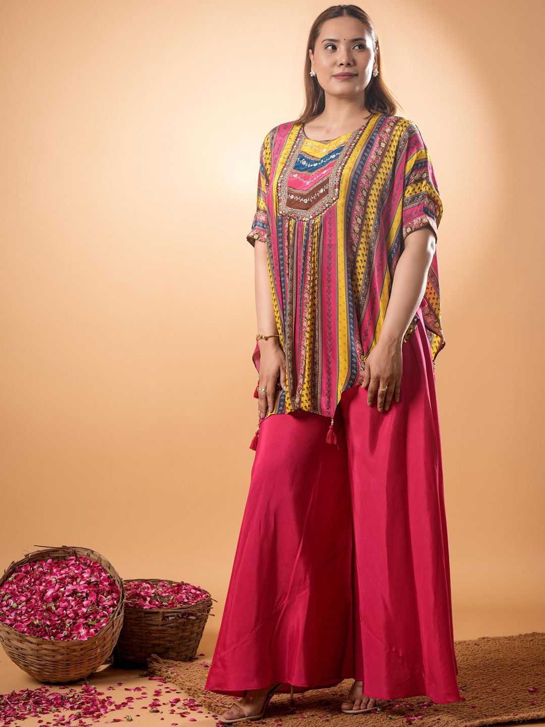 Tunik V-Neck Kapas Tulen Bercetak Mamicha Dengan Palazzo Co-Ords