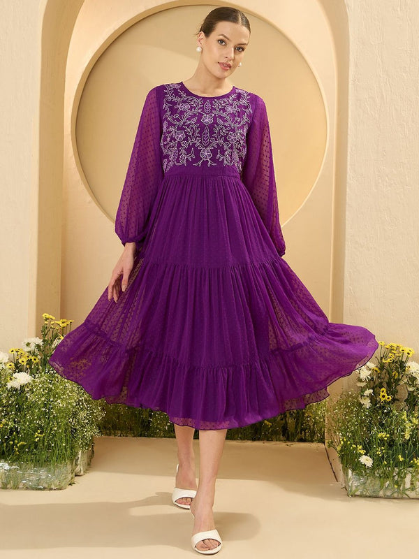 Antheaa Women Puff Sleeve Embroidered Fit and Flare Midi Dress