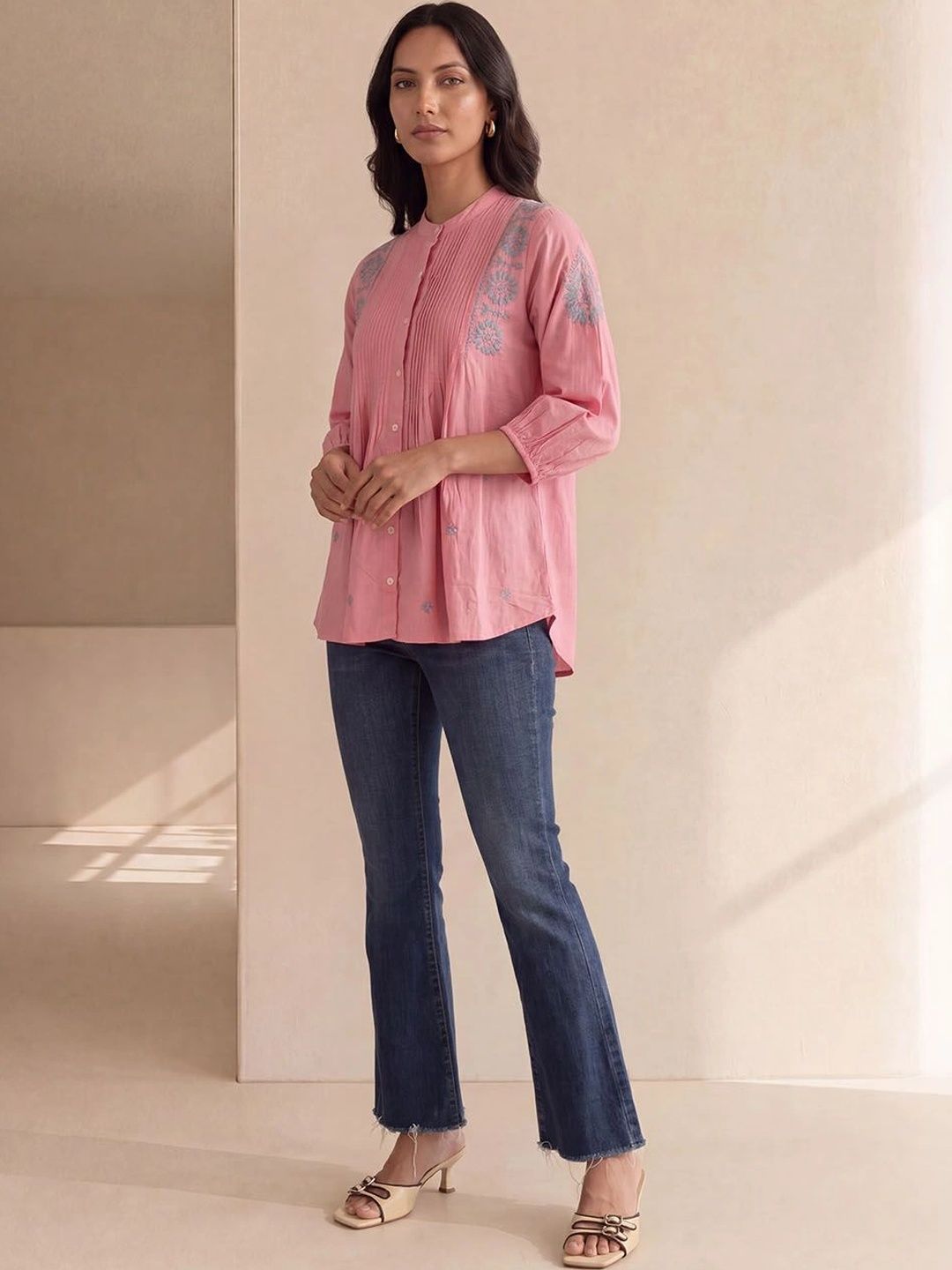 House of Chikankari Embroidered Mandarin Collar Cotton Top