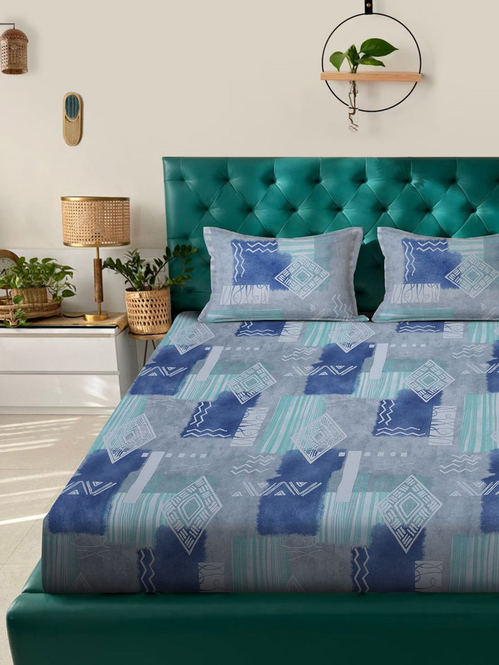 Myntra Elegant Homes Blue Geometric 400 TC King Bedsheet with 2 Pillow Covers