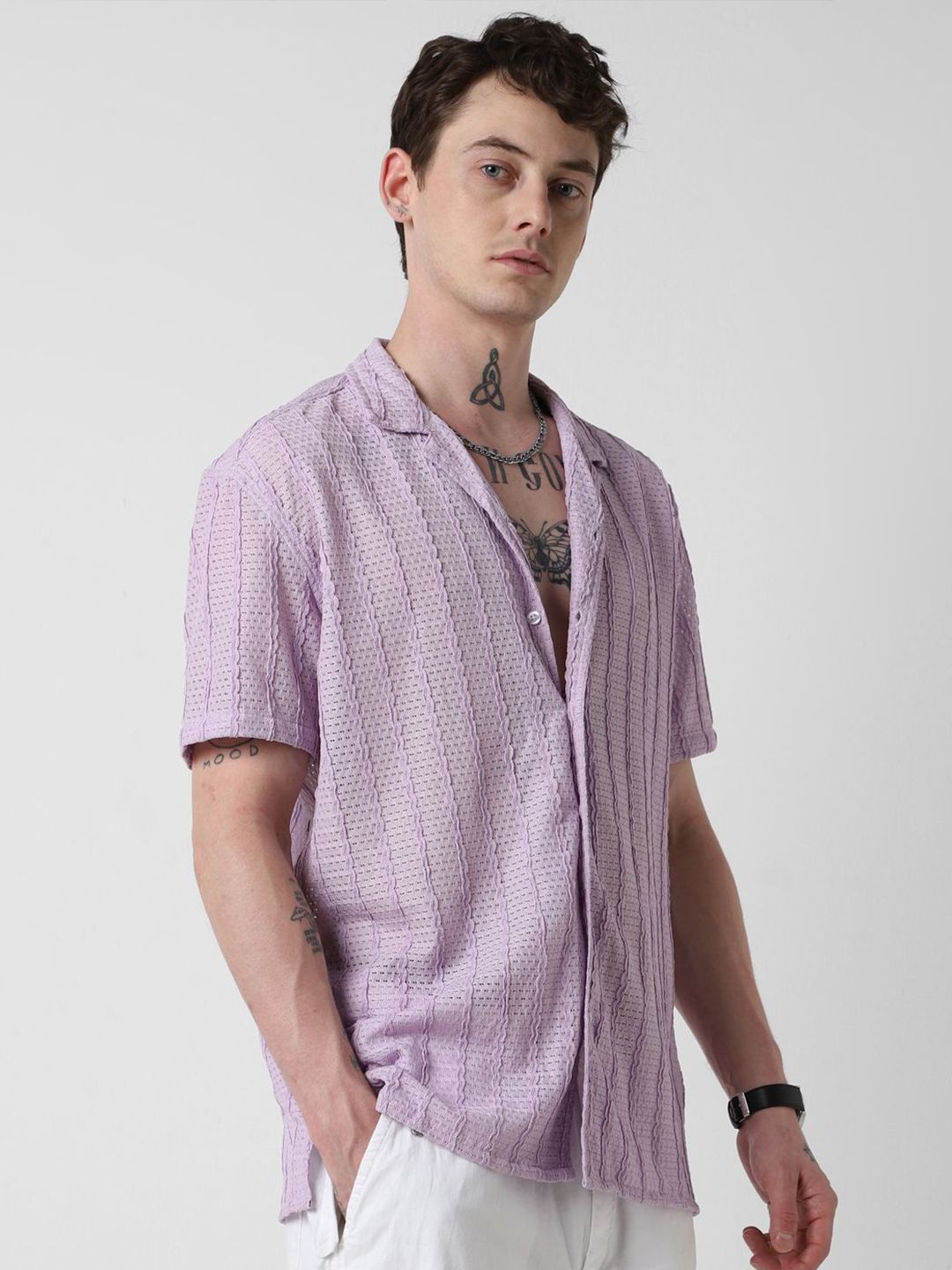 VASTRADO Men Classic Cuban Collar Vertical Striped Casual Shirt