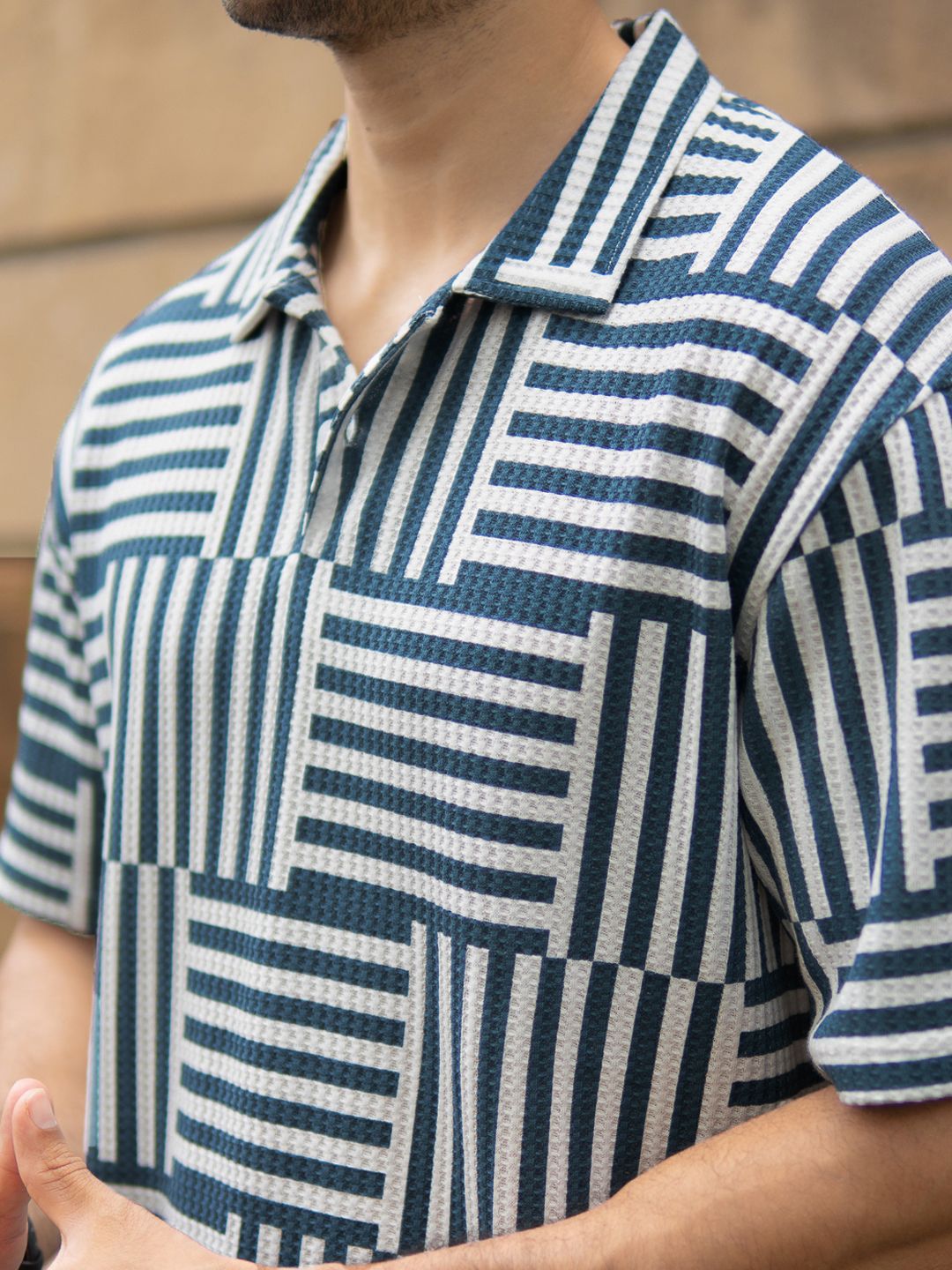 Powerlook SS25 Oversized Geometric Printed Polo Collar Drop-Shoulder Sleeves T-Shirt