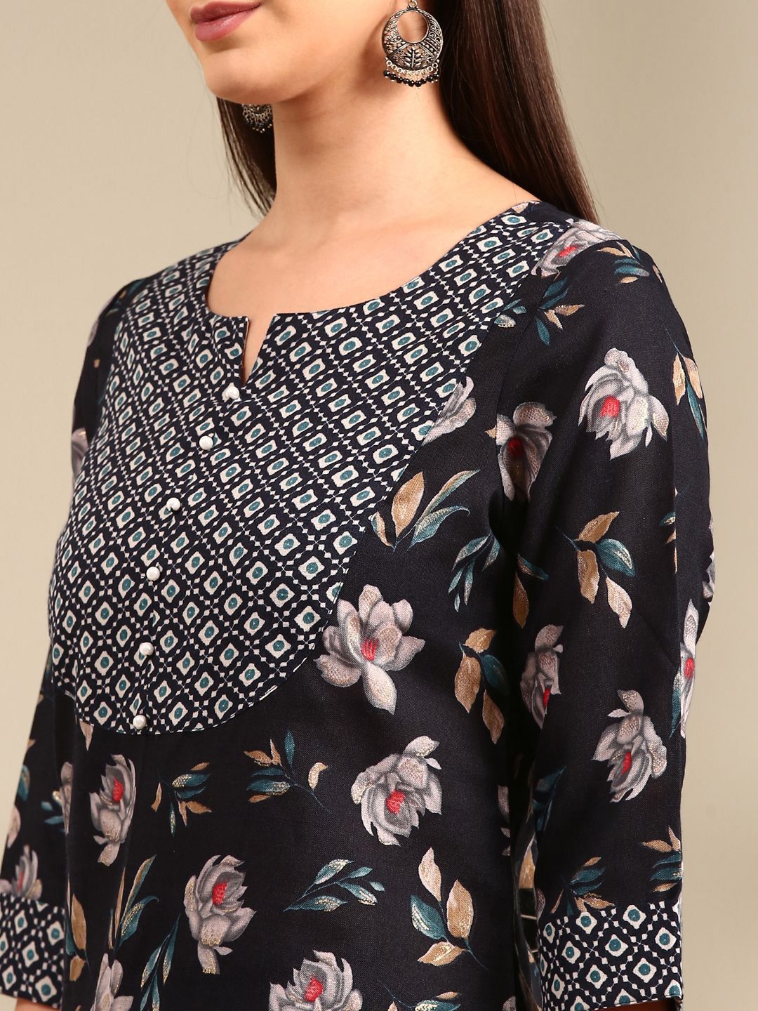 Anouk Navy Blue Floral Printed Notch Neck Straight Kurta with Trousers & Dupatta