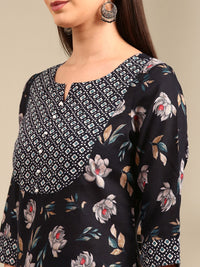 Anouk Navy Blue Floral Printed Notch Neck Straight Kurta with Trousers & Dupatta
