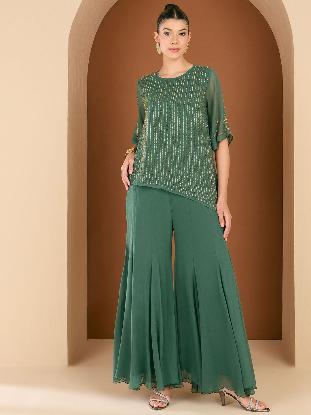 Antheaa Embellished  Round Neck Top & Palazzo Co-Ords