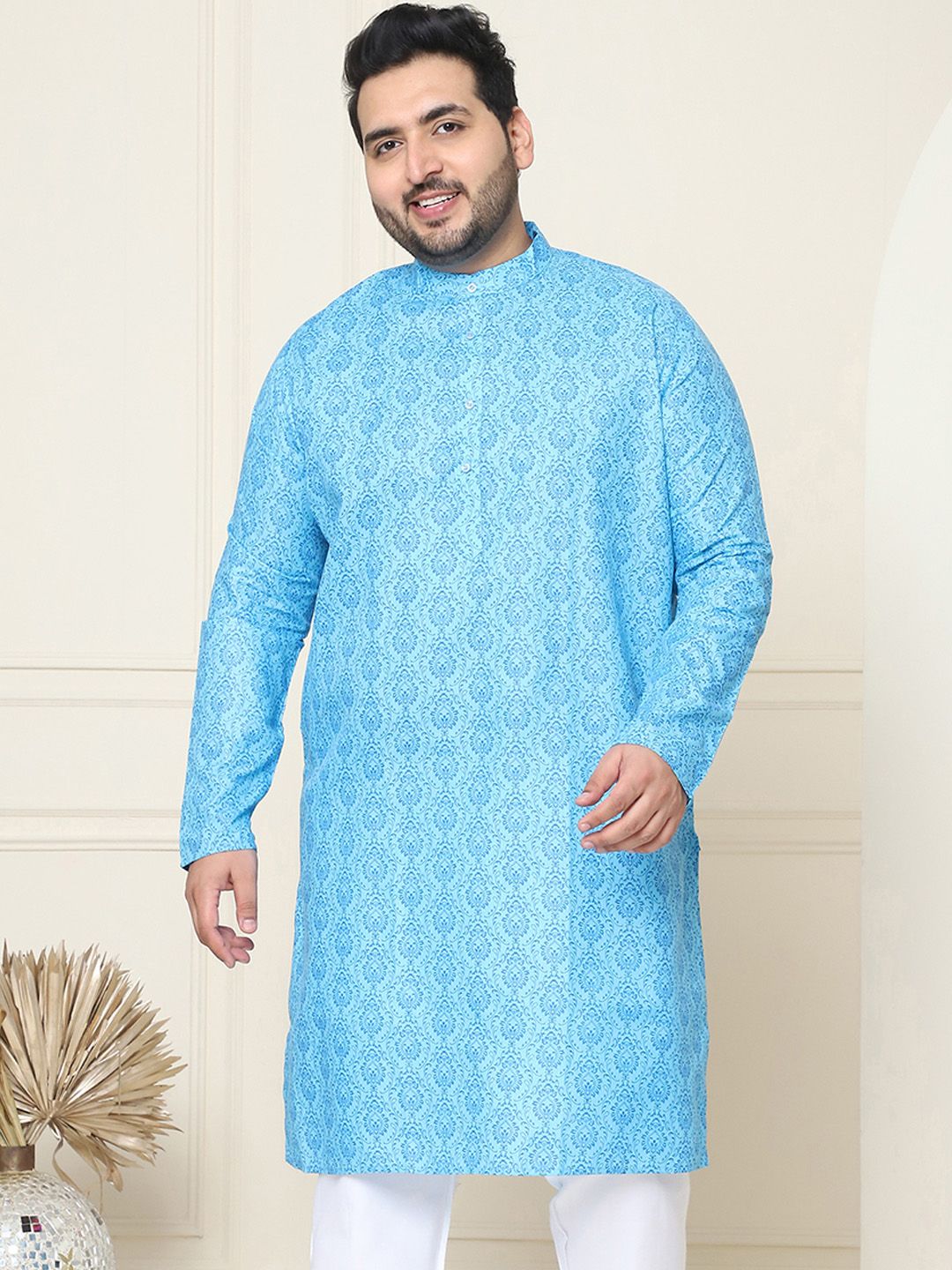 SOJANYA Plus Motif Etnik Printed Mandarin Collar Lengan Panjang Cotton Linen Kurta Lurus