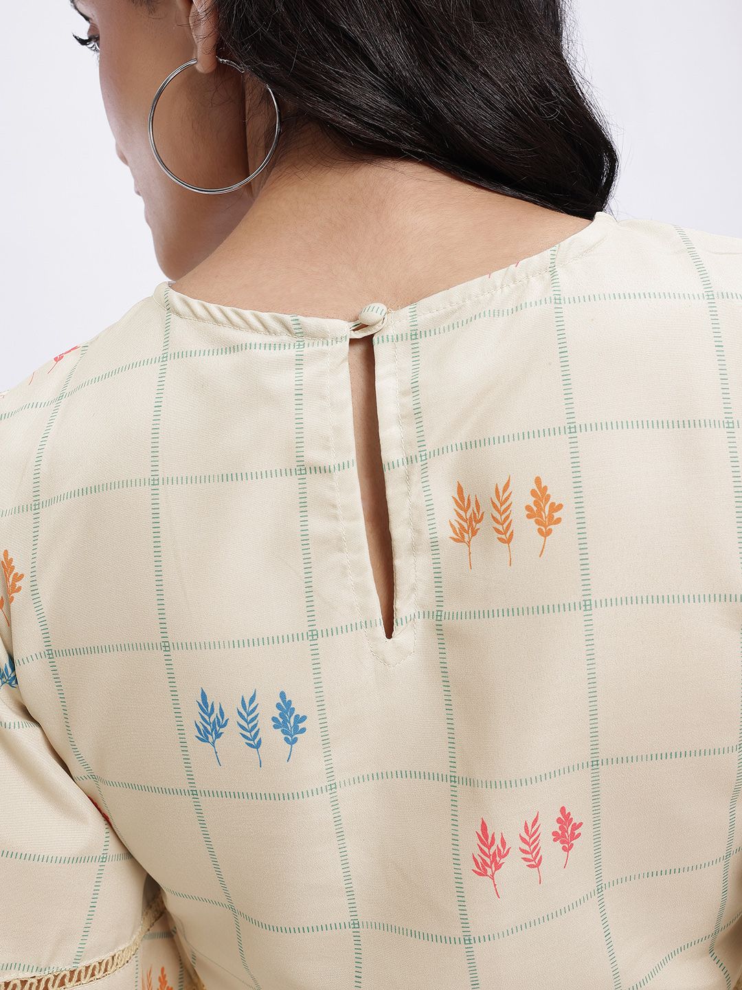 DressBerry Checked Lace Inserts Flared Sleeves Crop Top with Floral Prints