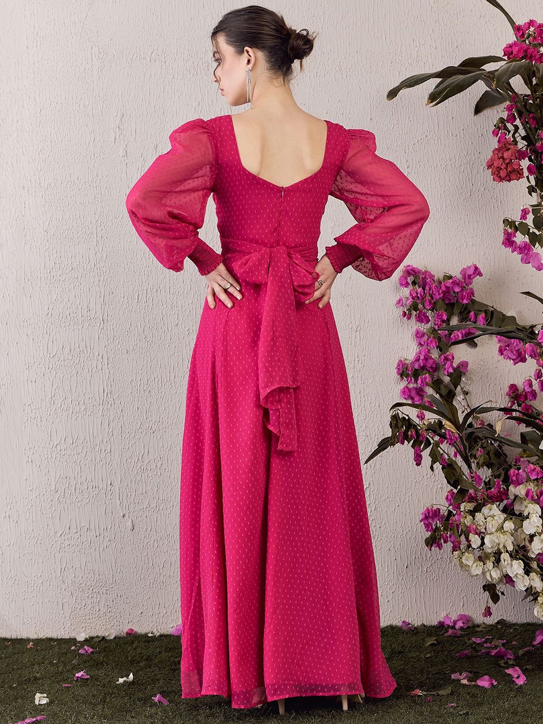 Berrylush Women Solid Sweetheart Neck Bishop Sleeve Fit & Flared Maxi Dress