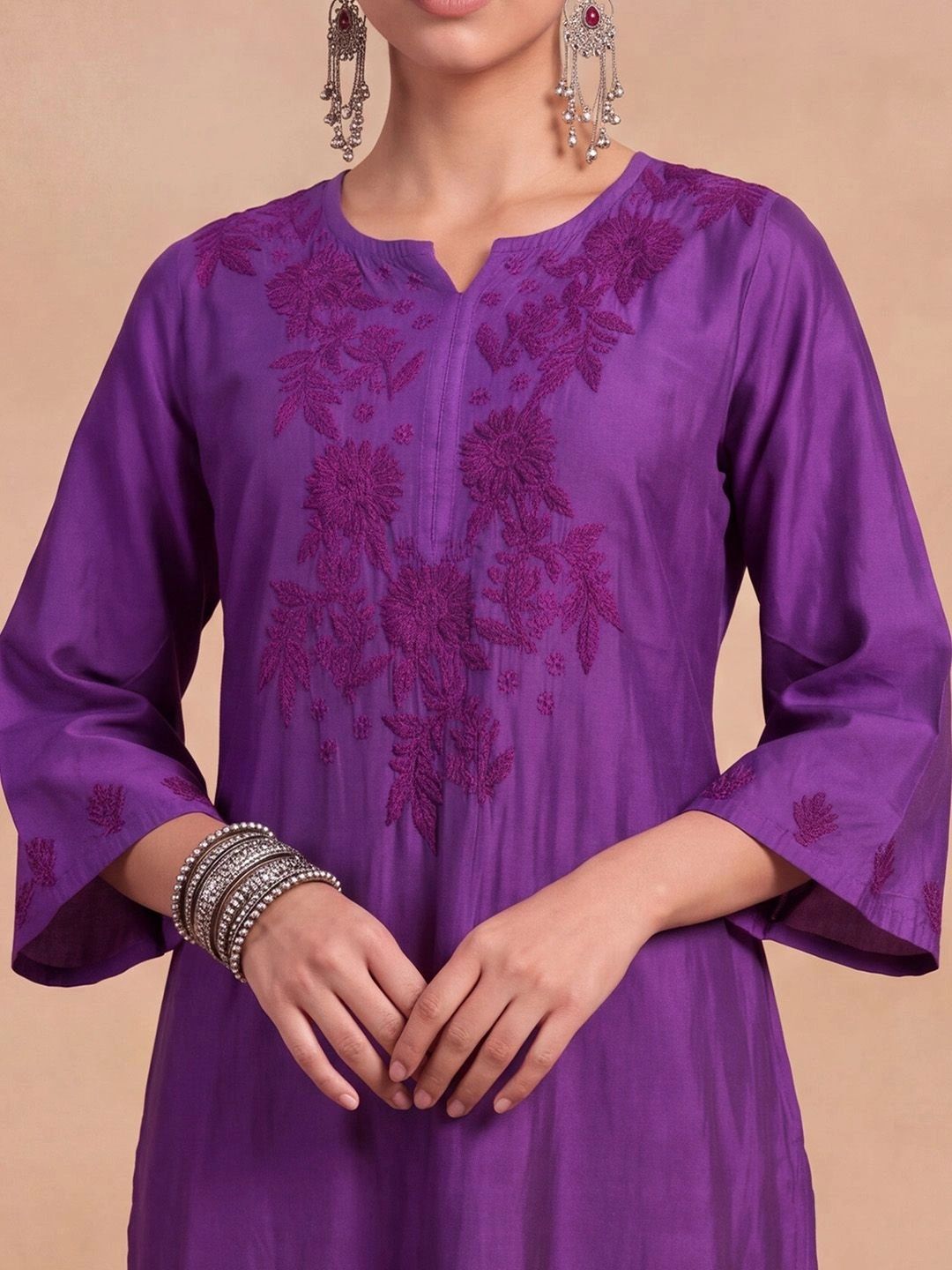 House of Chikankari Women Ethnic Motifs Embroidered Thread Work Chanderi Silk Kurta