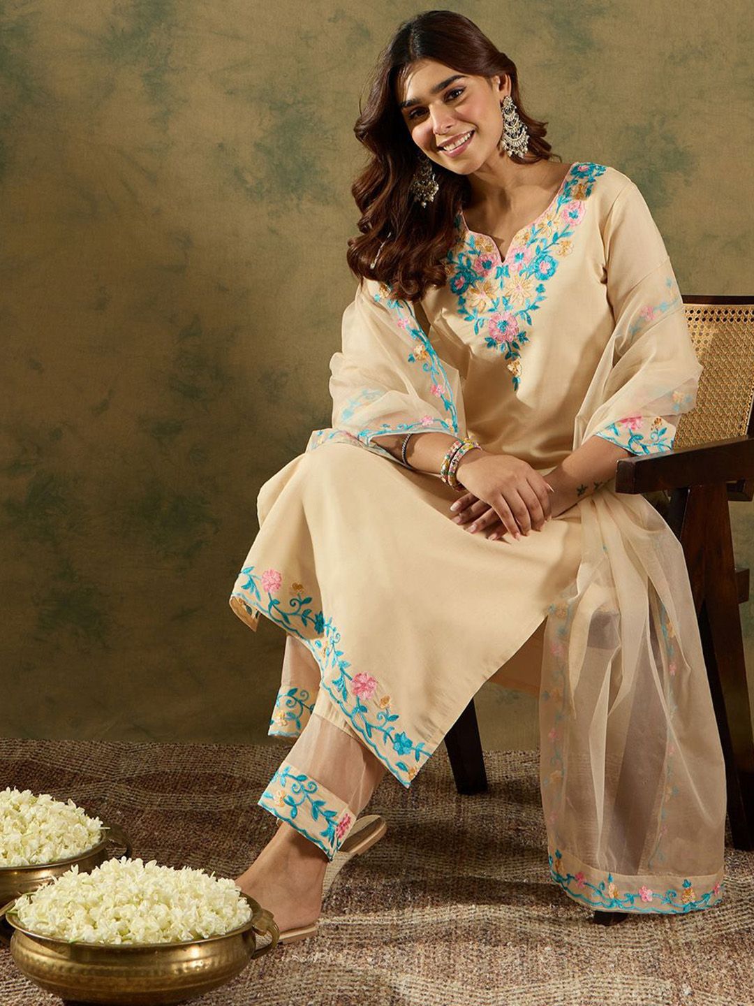 Indo Era Floral Embroidered Thread Work Kurta With Trousers & Dupatta