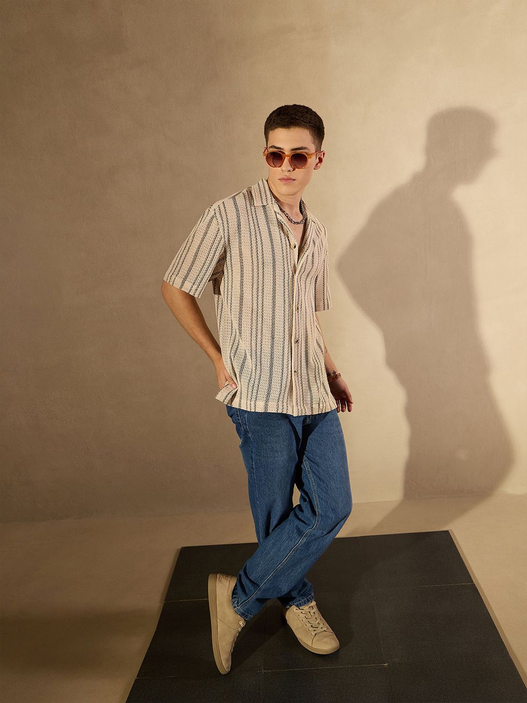 DENNISON Men Smart Cuban Collar Striped Cotton Oversized Casual Shirt
